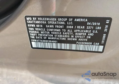 2016 Volkswagen Passat 1.8T S z USA, uszkodzony, nr VIN 1VWAT7A39GC054951